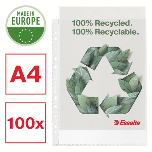 Esselte Prospekthülle recycled, Klarsichtfolie, Klarsichthülle, oben offen, PP (RC), genarbt, Universallochung, A4, transparent, 100 Stück pro Packung, 1 Packung Artikelbild Secondary1 L