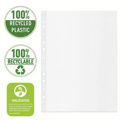 Esselte Prospekthülle recycled, Klarsichtfolie, Klarsichthülle, oben offen, PP (RC), genarbt, Universallochung, A4, transparent, 100 Stück pro Packung, 1 Packung Artikelbild Secondary2 L