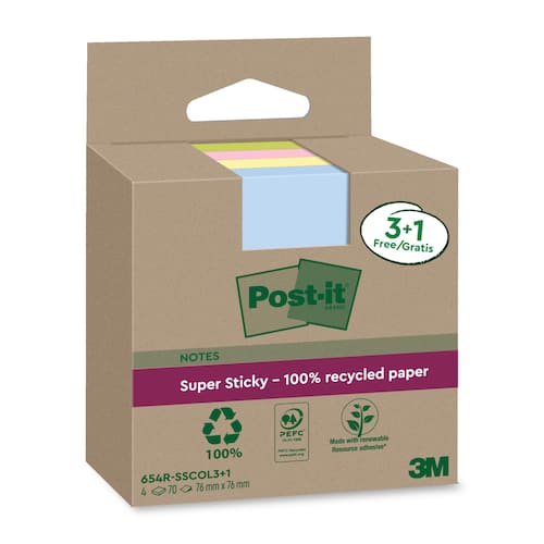 Post-it® Notes Super Sticky 76x76mm Recycled sorterade färger produktfoto