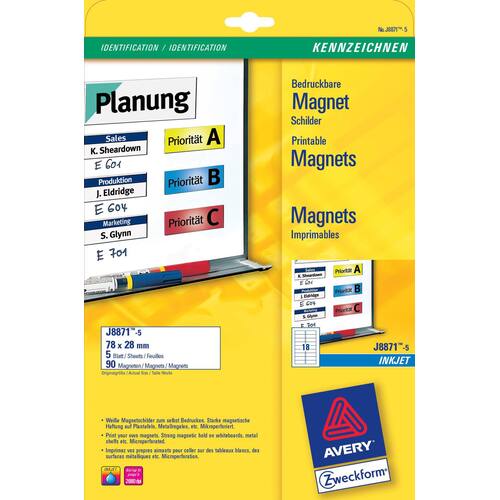 Avery Magnetschilder, Etiketten, 27x78mm, weiß, 18 Etiketten pro Blatt, 5 Blatt Artikelbild