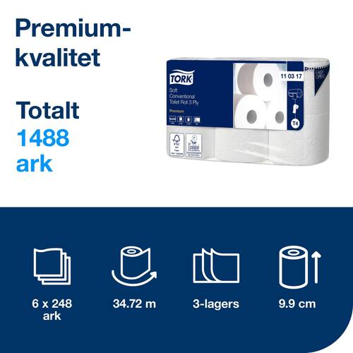 Tork Toalettpapper Premium 3-lager T4 vit produktfoto Secondary1 L