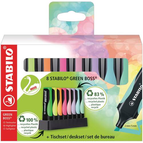 STABILO GREEN BOSS Textmarker, Leuchtmarker, Highlighter, Tischset, 2-5mm, farblich sortiert, 8 Stifte pro Packung, 1 Set Artikelbild
