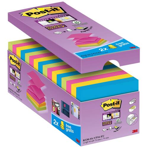 Post-it® Haftnotizen Super Sticky, Z-Notes, 76x76mm, farbig sortiert, Vorratspackung 16 Blöcke Artikelbild Secondary2 L