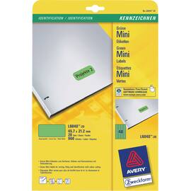 Avery Inkjet-, Laser- und Kopieretiketten L6040-20, A4-Bogen, Grün, 45,7 x 21,2 mm, 20 Blatt, 960 Etiketten Artikelbild
