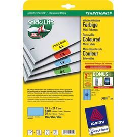 Avery Etiketten Mini L4791-20, Stick&Lift, blau, 38,1x21,2mm, 20 Bogen, 1.300 Stück Artikelbild