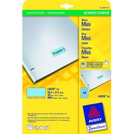 Avery Inkjet-, Laser- und Kopieretiketten L6039-20, A4-Bogen, Blau, 45,7 x 21,2 mm, 20 Blatt, 960 Etiketten Artikelbild