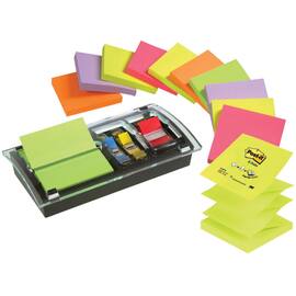 Post-it® Hållare för notislappar, Millennium Combi Desk, svart, med Z-notislappar, 76 x 76 mm, Neon Rainbow, 12 x 100 blad och indexflikar, medium, röda, DS100-VP produktfoto