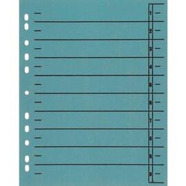 Trennblätter A4, 1-0, Karton (RC), 230g/m², 11fach Lochung, hellblau, 100 Stück pro Packung Artikelbild