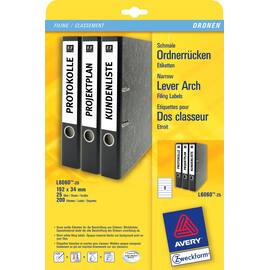AVERY Zweckform Inkjet-, Laser- und Kopieretiketten L6060-25, Rückenschilder-Etiketten, Ordnerrücken-Etiketten, mit ultragrip, A4-Bogen, schmal/kurz, weiß, 192 x 34 mm, 30 Blatt, 240 Etiketten Artikelbild