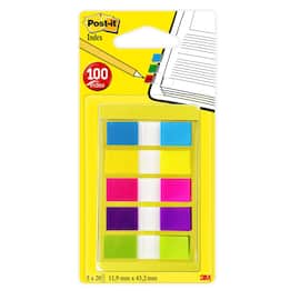 Post-it® Indexflikar, små, 11,9 x 43,1 mm, olika färger, 5 x förpackningar med 20, med hållare produktfoto