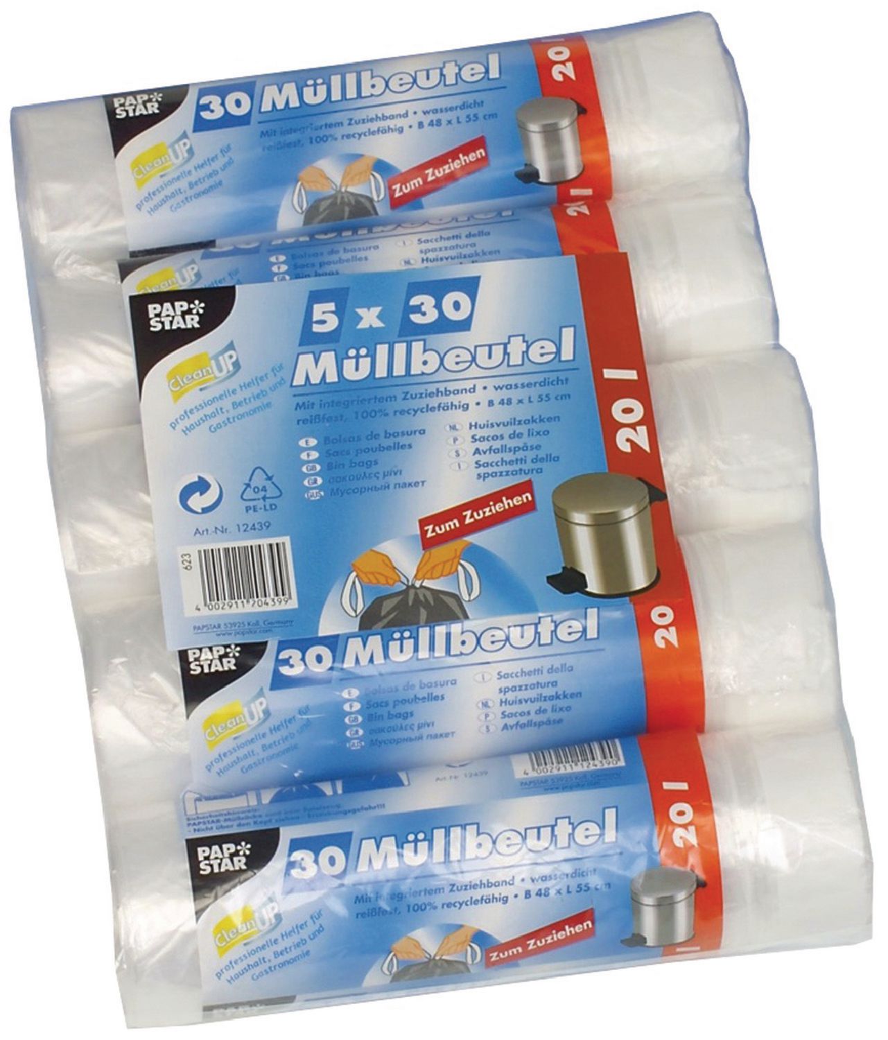 PAPSTAR Müllbeutel mit Zugband, Abfallbeutel, Müllsack, Mistsack, 20 Liter, transparent, 30 Stück Artikelbild